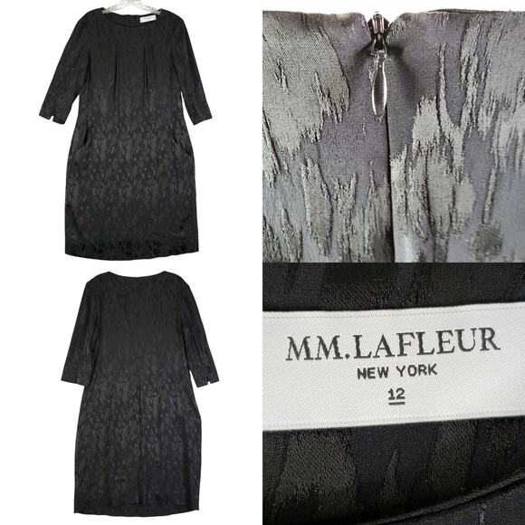 MM LaFleur Black Dress Estuko Satin Jacquard Size 12 Sheath 3/4 Sleeves - Picture 4 of 12